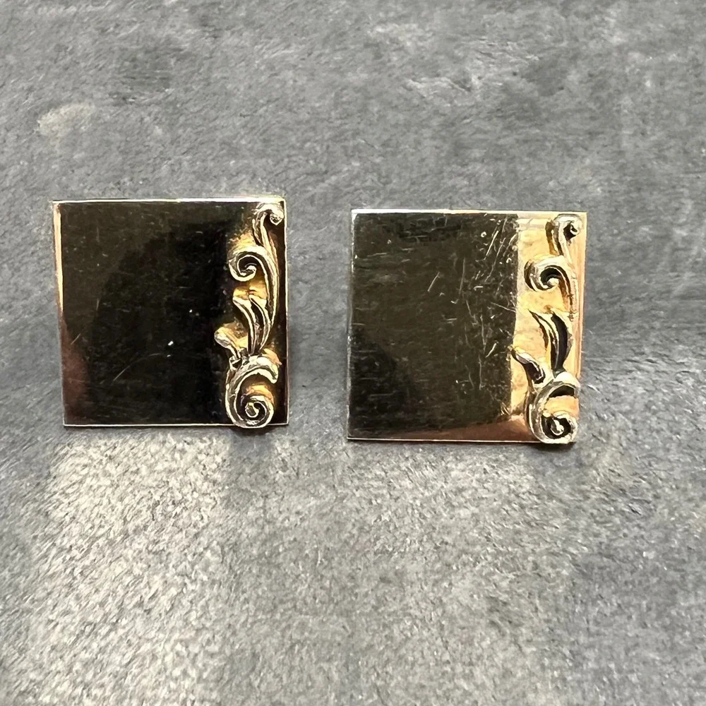 Vintage Swank Gold Tone Square Cufflinks Scroll‎ Design Detail Mid Century